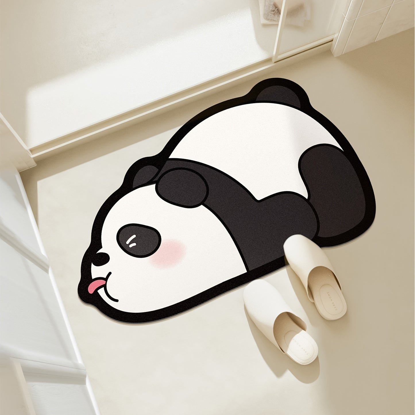 Super absorbent bath mat with cute panda print, non-slip and quick-drying, ideal for bathroom or outdoor use.