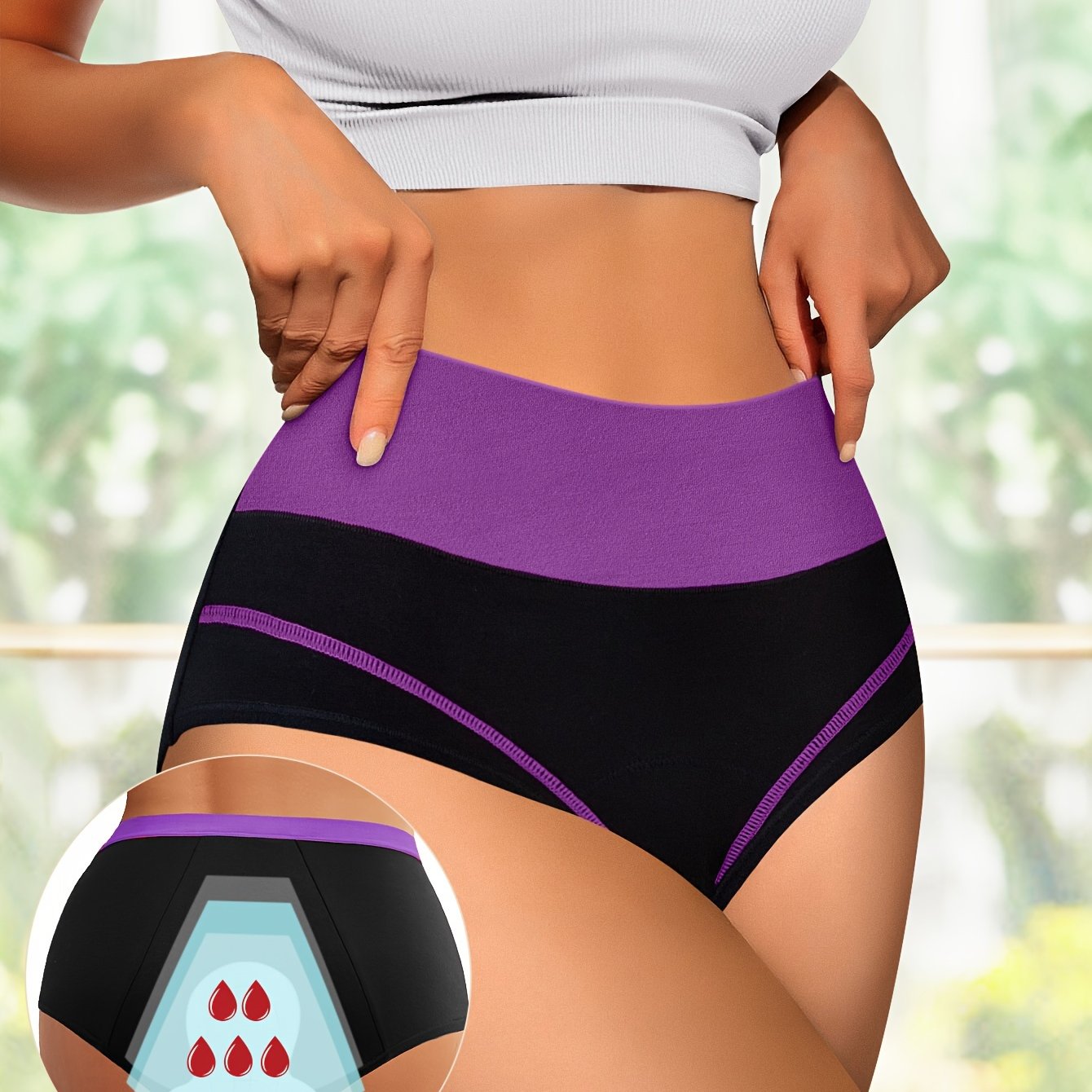 Triple-layer leakproof panties with wide waistband for women.