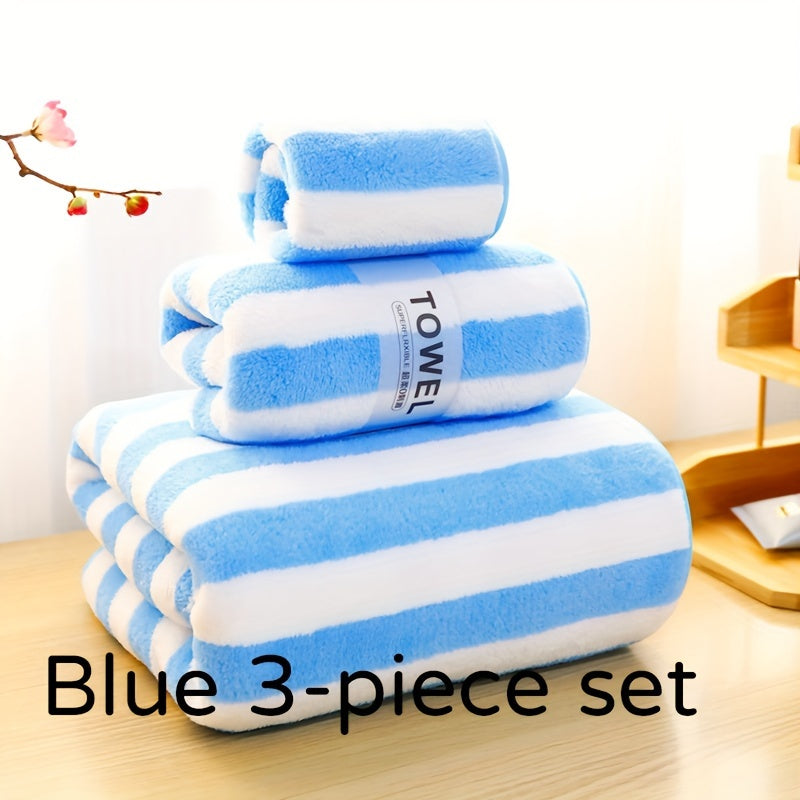 Luxury bath towel set in blue & white stripes - ultra-soft, highly absorbent microfiber. Includes large bath towel, bath towel, and washcloth. Lint-free, skin-friendly for home & hotel use. Ideal for bathrooms.