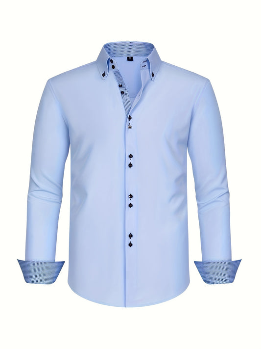 Sophisticated light blue men's dress shirt for formal occasions in spring and autumn, with double-breasted style and stretch for comfort. Made from a breathable polyester blend with a