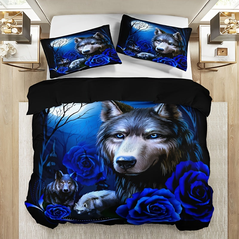 Fashionable 3-piece Duvet Cover Set featuring a striking Wolf Blue Rose Print design. This bedding set is made of soft, comfortable, and breathable material, perfect for adding style and comfort to your bedroom or guest room. Set includes 1 Duvet Cover