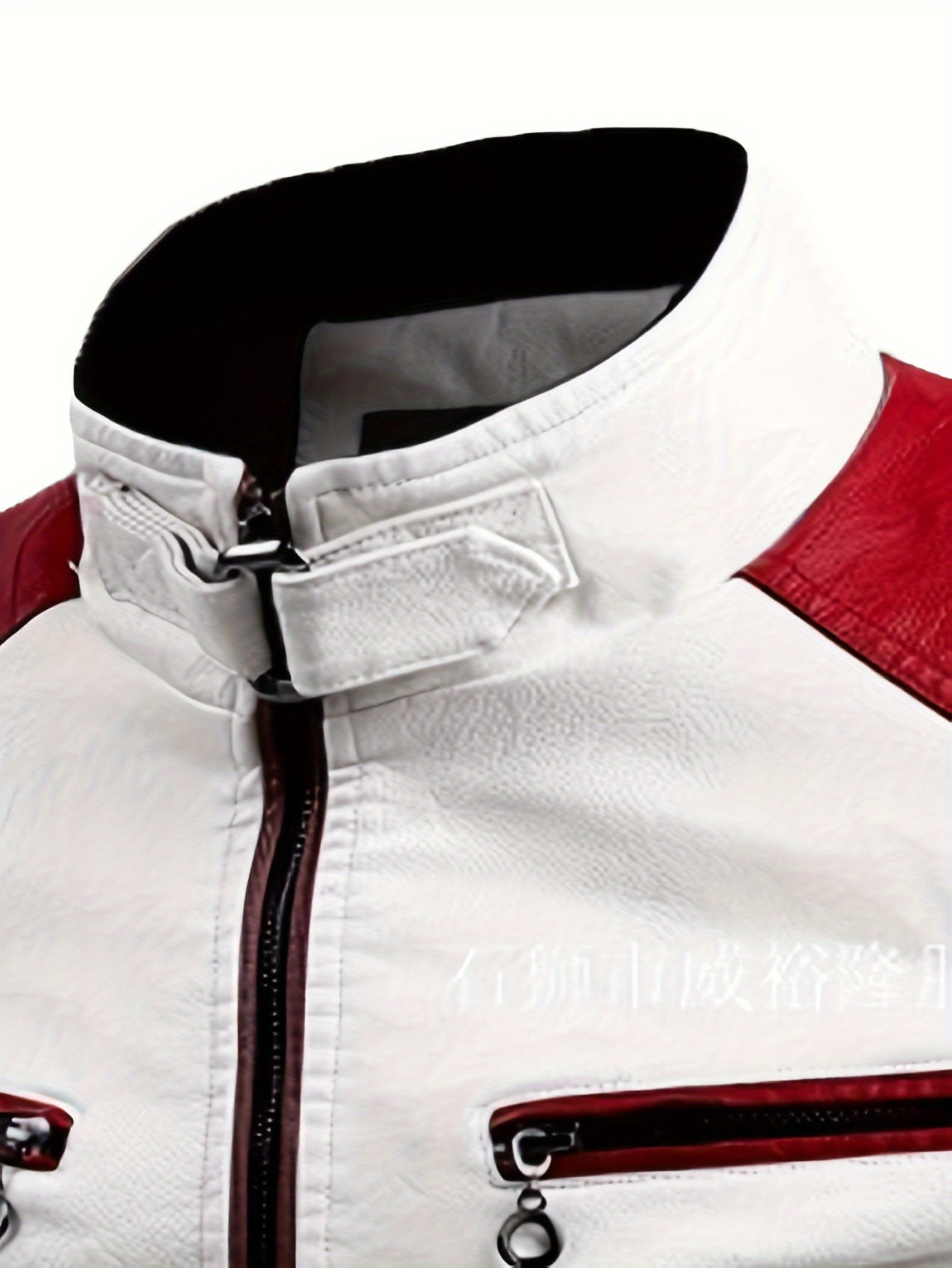 Men's Slim-Fit Color Block Jacket with Stand Collar, Zipper, Multiple Pockets, White & Red Design for Fall/Winter/Autumn.