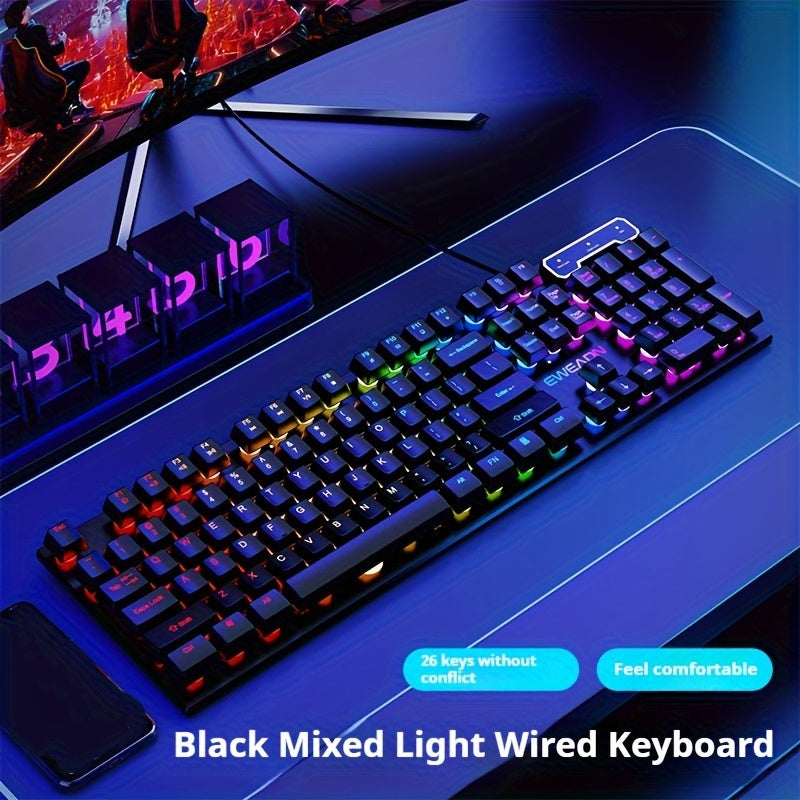 White EWEADN GX30Z Wired Gaming Keyboard with LED Rainbow Backlit, 104 Keys, Mechanical Feel, Numeric Keys, for Game and Office on Windows Laptop PC.