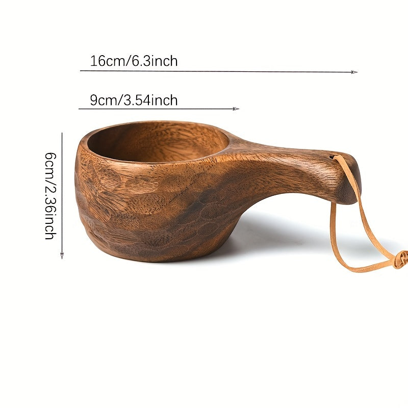 Acacia wood coffee and milk cup with tassel. High-quality, reusable drinkware with rope handle. Perfect for camping and daily use in the kitchen.