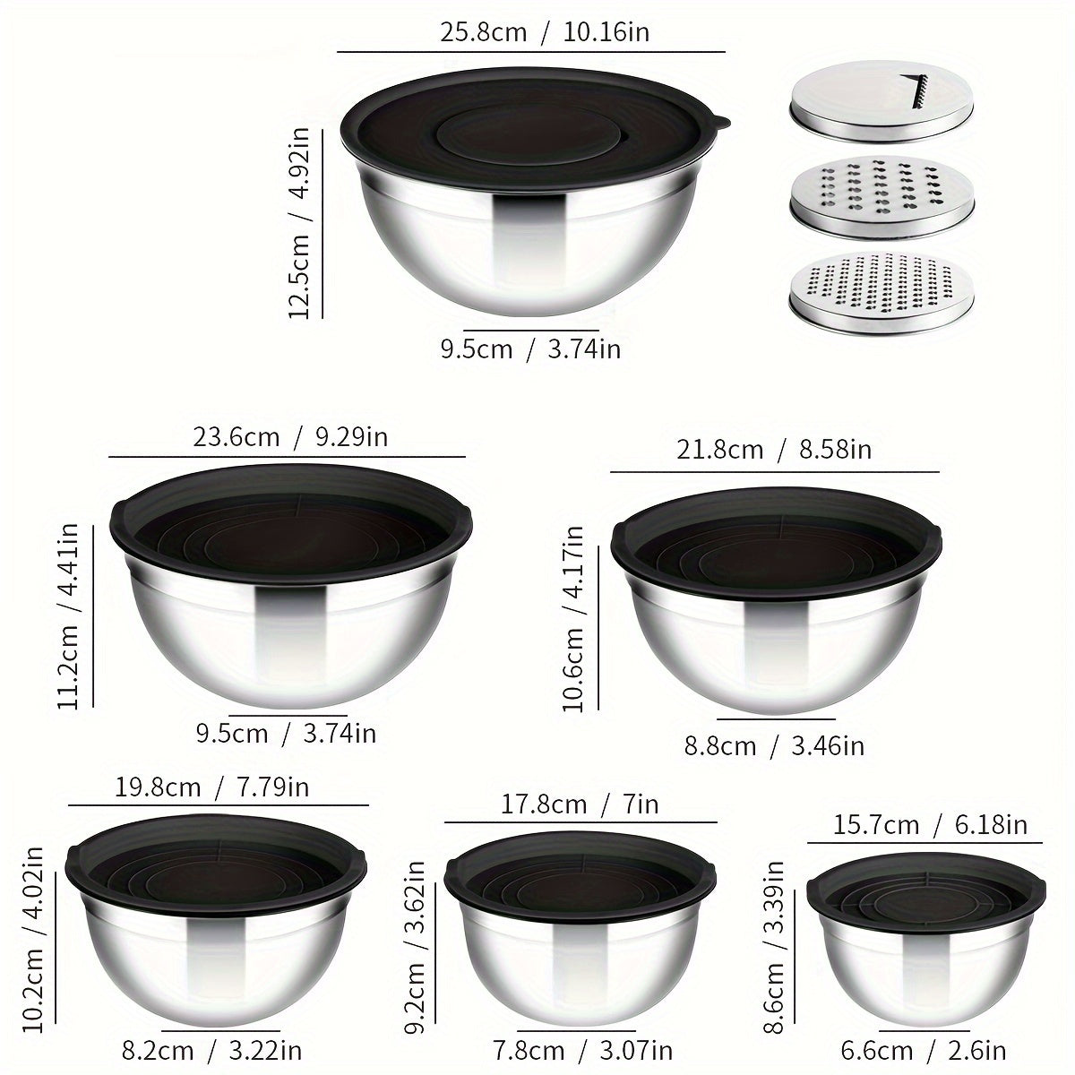 This set includes 15 stainless steel mixing bowls with black seal covers. 
The nesting style design includes 3 grater accessories and a metal nesting storage bowl to save space in your kitchen.
These versatile bowls are dishwasher safe and perfect for