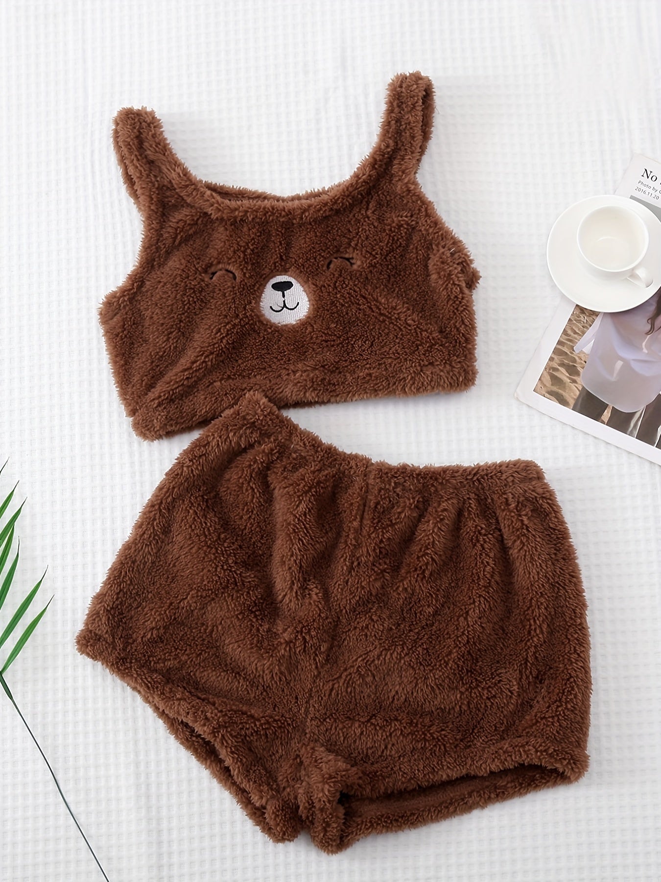 Fuzzy bear vest pajama set for women