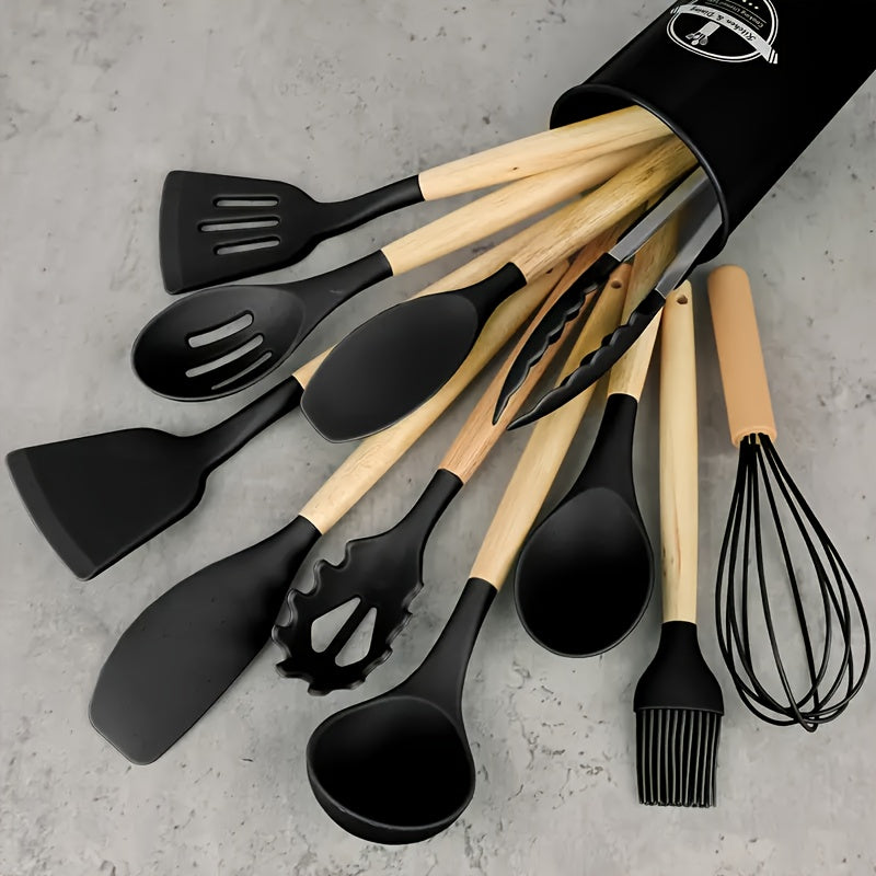 Silicone Kitchen Utensil Set with Wooden Handles - 12 Pieces - Ideal for Home and Restaurant Use - Non-Stick and Heat-Resistant Cooking Tools - Great for Holidays like Halloween, Christmas, Easter, and Thanksgiving