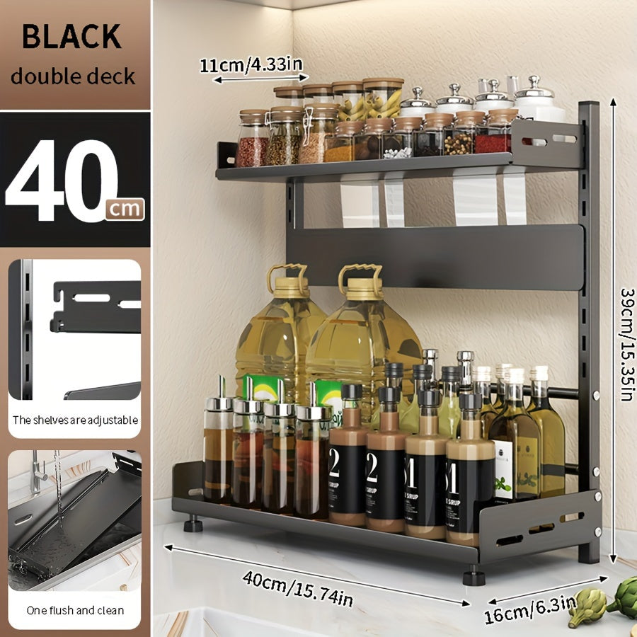 Adjustable Kitchen Storage Rack - Wall Mount with No-Drill Installation, Organize Seasonings and Utensils with Multi-Tier Modern Metal Design, Perfect for Spice Storage and Knife Placement.