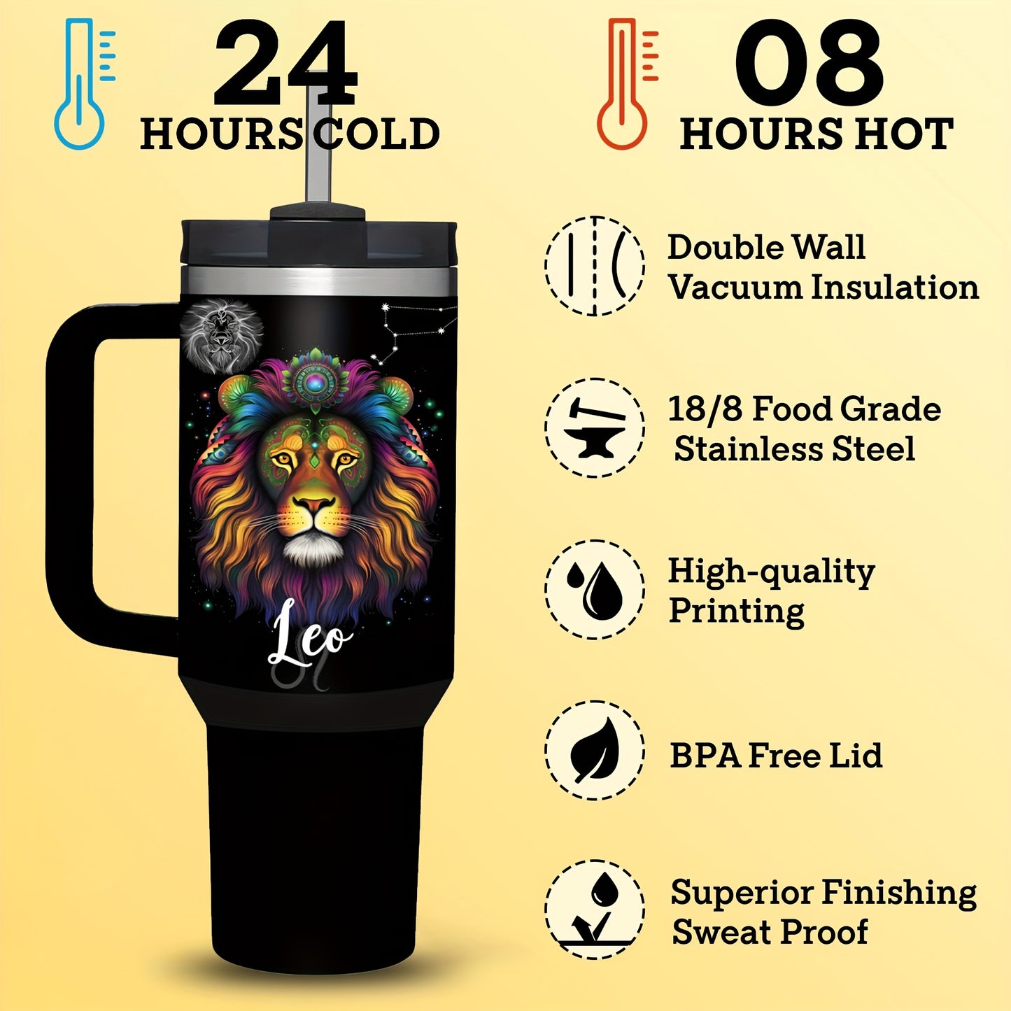 40oz Stainless Steel Zodiac Tumbler with Handle & Straw- Perfect gift for Birthdays, Christmas, and Valentine's Day- Leakproof, BPA-Free Astrology Coffee Mug for Men & Women