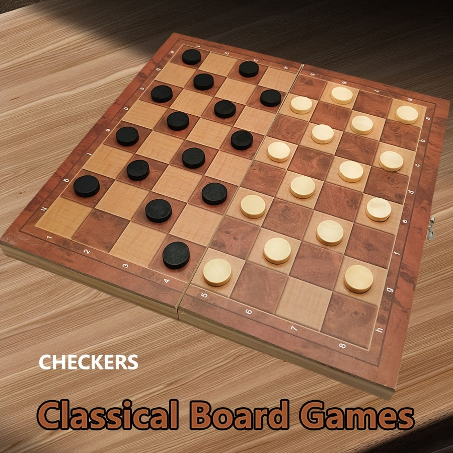 3-in-1 board game includes chess, checkers, and backgammon. Lightweight wooden board for adults. Ideal for travel.