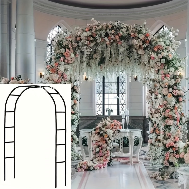 Metal wedding arch flower stand for ceremonies with pink and white floral design, perfect for outdoor decoration.