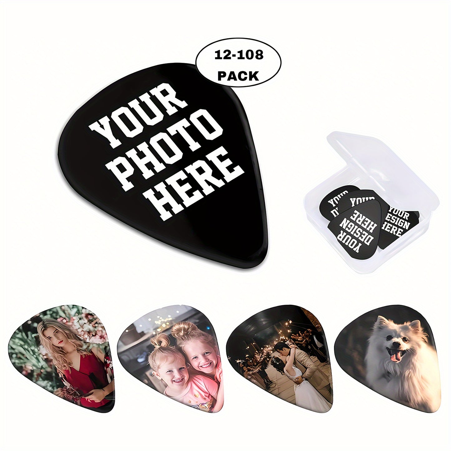 Customize your guitar picks with text, name, or photo. Available in three thicknesses, perfect for guitarists. Great gift for Dad or anyone looking to upgrade their guitar accessories.