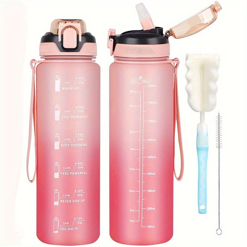 Durable 1L sports water bottle with straw, BPA-free, time marker for various activities.