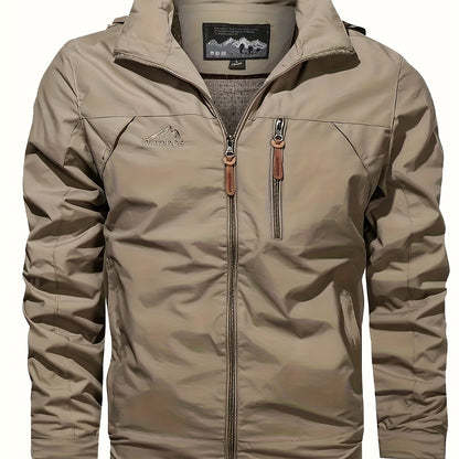 Men's Windproof Hooded Jacket for outdoor activities, machine washable.