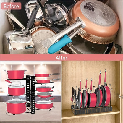 Adjustable 8-Tier Pot and Pan Organizer Rack for Kitchen Cabinets - Space-Saving Storage Solution, Available in Red & Black, Easy DIY Assembly.