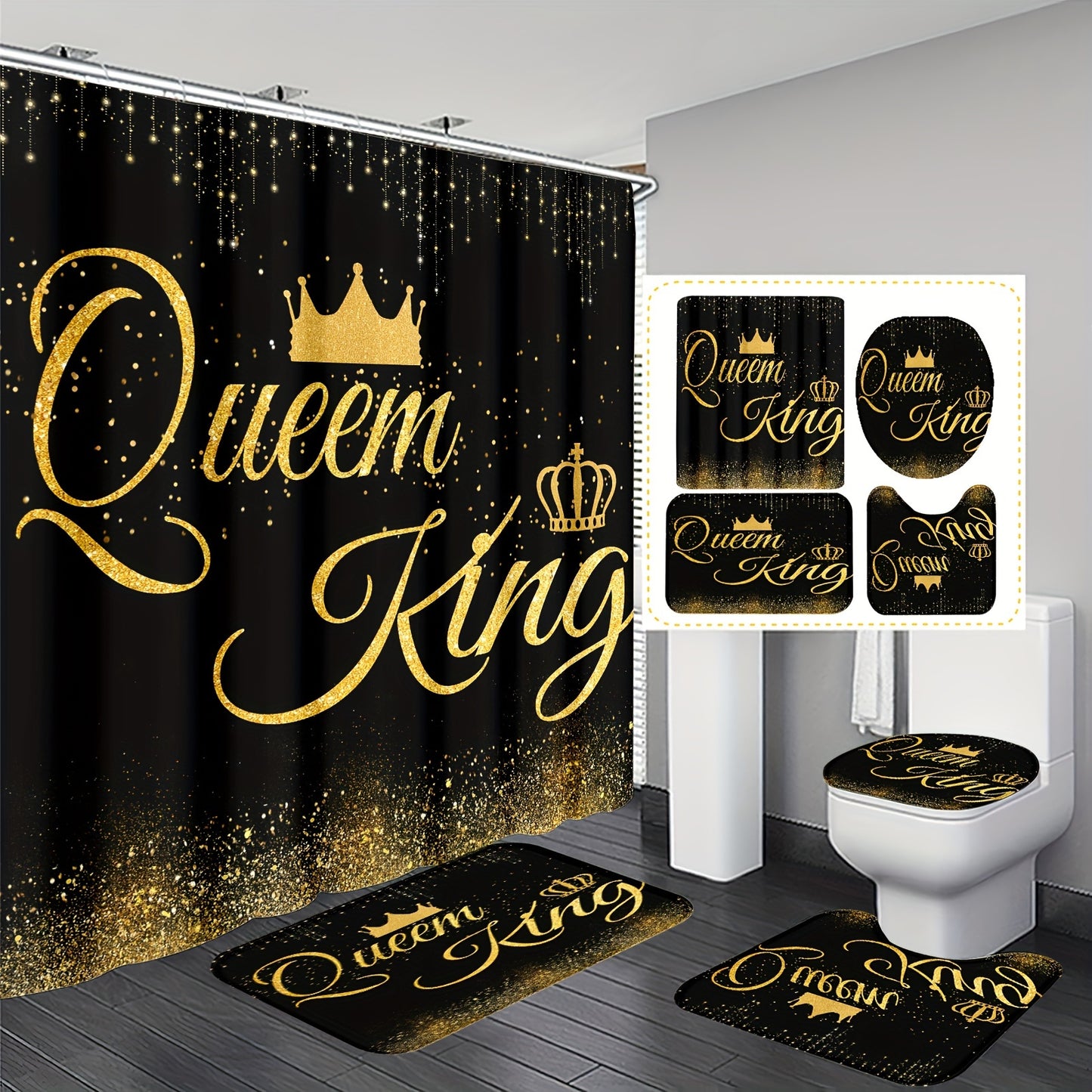 Royal shower curtain set with hooks, bathroom rugs, and crown motif design. Water-resistant polyester, machine washable. Includes non-slip U-shaped mat and toilet lid cover.