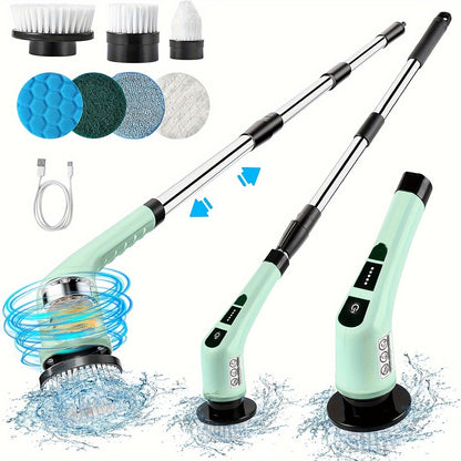 The Electric Spin Scrubber is a cordless cleaning brush that features dual-speed settings, an adjustable and detachable handle, and comes with 7 replacement heads. It is powered by a USB rechargeable 2000mAh lithium battery, making it perfect for