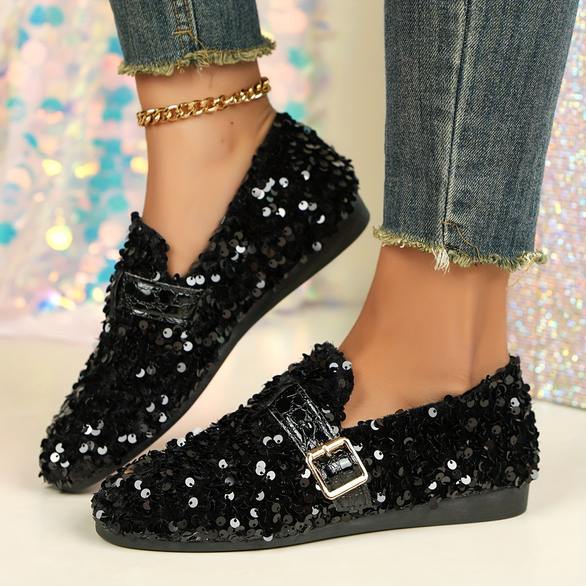 Women's sequin embellished Mary Jane flats with casual round toe slip-on design, all-season comfort, man-made upper & inner, rubber sole, fabric insole, perfect for carnival, Mardi Gras