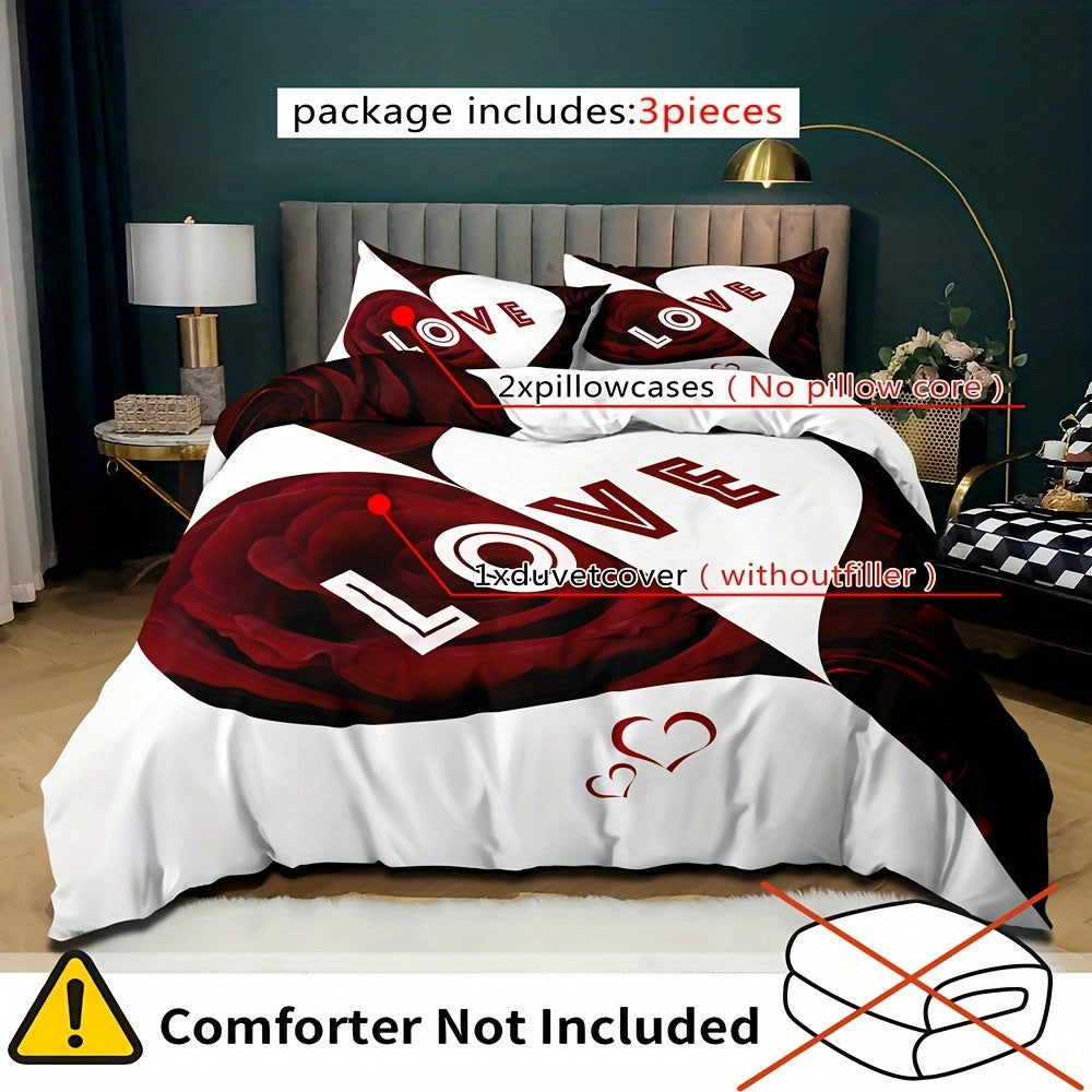 Soft & Cozy Love Heart Duvet Cover Set - Includes 1 Duvet Cover and 2 Pillowcases made of breathable polyester with zip closure, machine washable, ideal for all seasons.