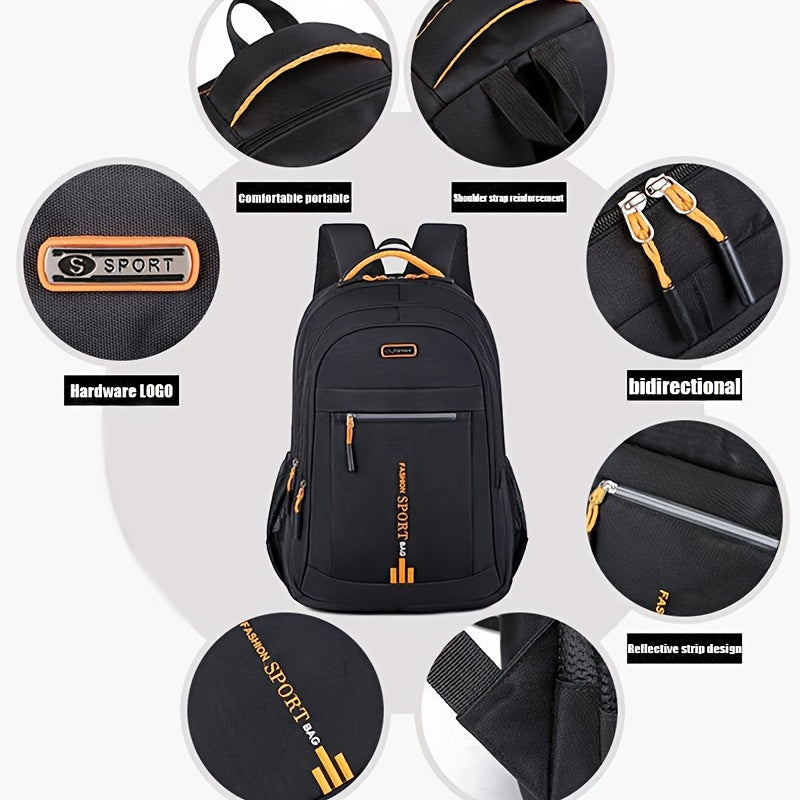 Men's high-capacity nylon backpack with casual style, suitable for travel and school. Fashionable and practical for high school and college students. Features zipper closure with random