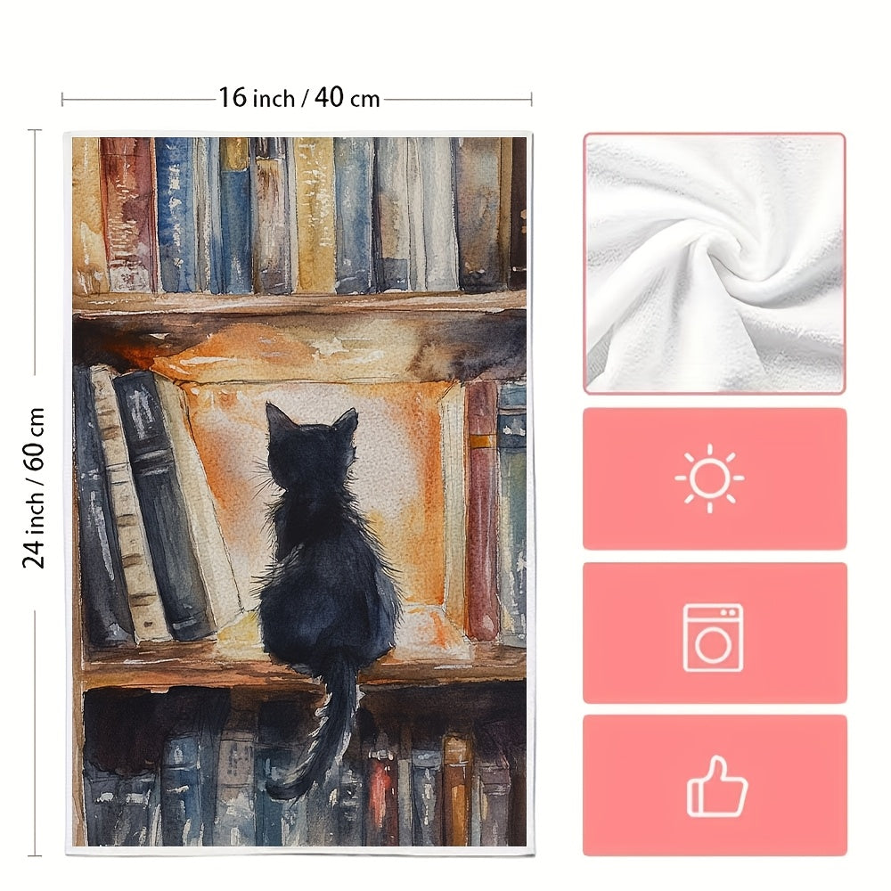 Two pieces of ultra soft kitchen towels featuring a charming library kitten design. These highly absorbent and machine washable dish hand towels measure a cozy 40.64x60.96 cm, making them perfect for home decor and practical for kitchen use.