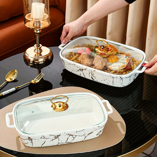 [Customer Favorite] Elegant Marble Design Ceramic Serving Platter Set with Lid - Versatile Kitchen Utensil for Soups, Sandwiches, Snacks, Parties, and Home Use