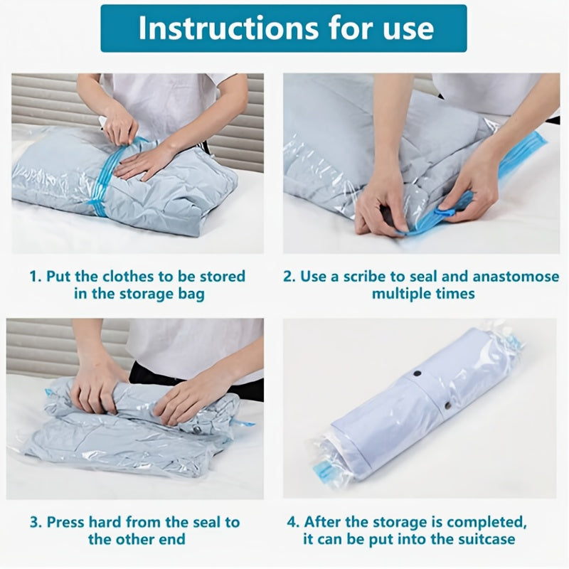 Space saving just got easier with our 4-Pack of Compression Storage Bags! These innovative bags do not require a pump, simply roll up to remove excess air and compress your clothes for maximum storage space. Perfect for organizing clothes, luggage, and