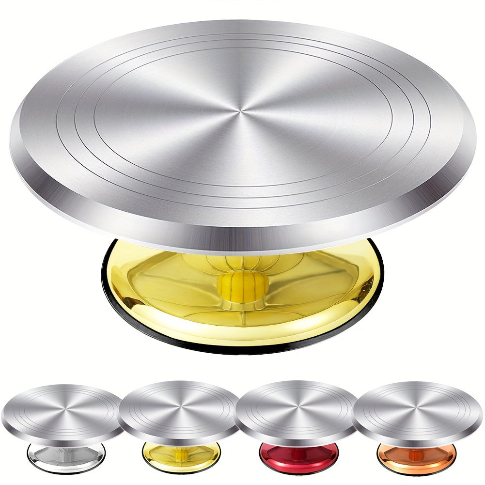 This versatile cake decorating turntable features a golden aluminum alloy surface with an anti-slip plastic base. It can be used for various tasks such as cake decoration, clay sculpting