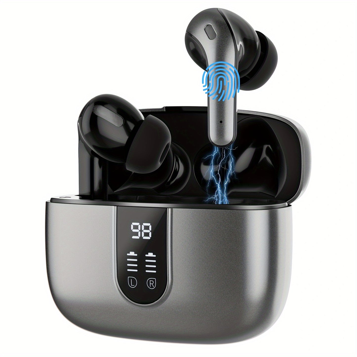 Adult-friendly LIFEBEE Wireless Earbuds with 60H playback, LED display, noise cancelling, touch control, condenser mic, and fast charging. Compatible with cellphones.