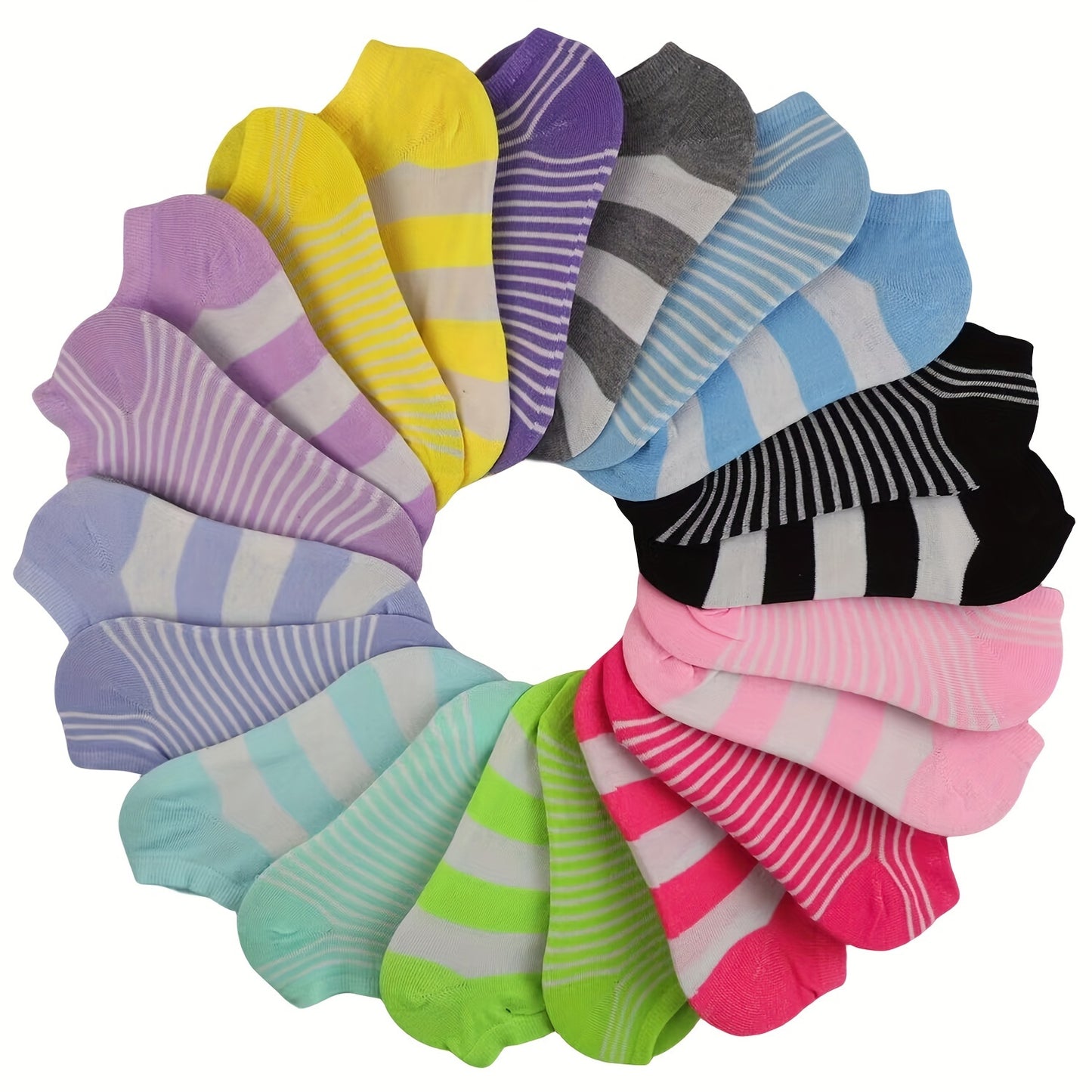 20 pairs of candy-colored, lightweight, and breathable low cut ankle socks for women.