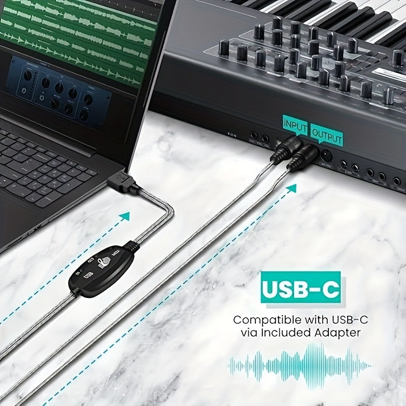 USB to MIDI Cable Converter with 16-channel audio jack adapter for keyboards, compatible with Windows & Mac. Features LED indicator, plug and play functionality, ideal for music production.