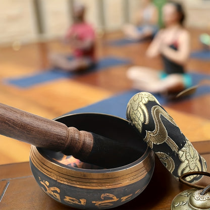 Tibetan Copper Singing Bowl Set with Hammered Design, Mallet & Bag - for Yoga, Meditation, Chakra Balancing