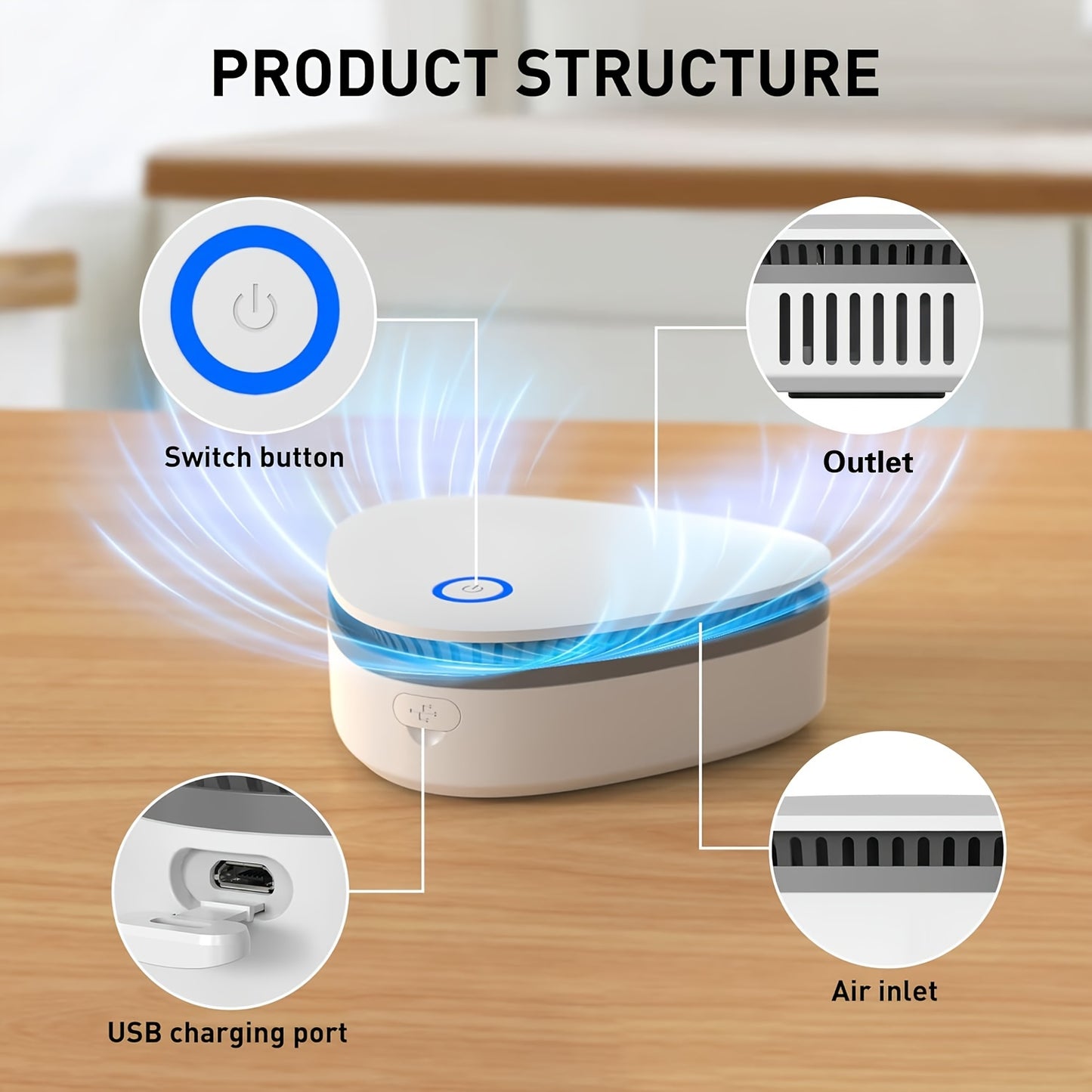 Compact air purifier with rechargeable battery - perfect for home, car, fridge, shoe cabinet & travel.