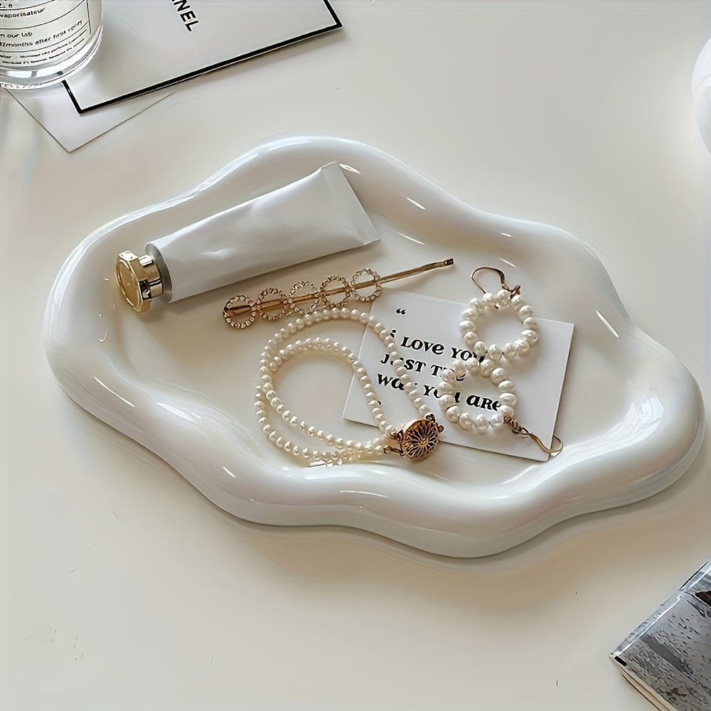 Chic White Ceramic Tray with Gold Accents - Stunning Jewelry & Perfume Display, Perfect for Home, Office, or Mother's Day Gift