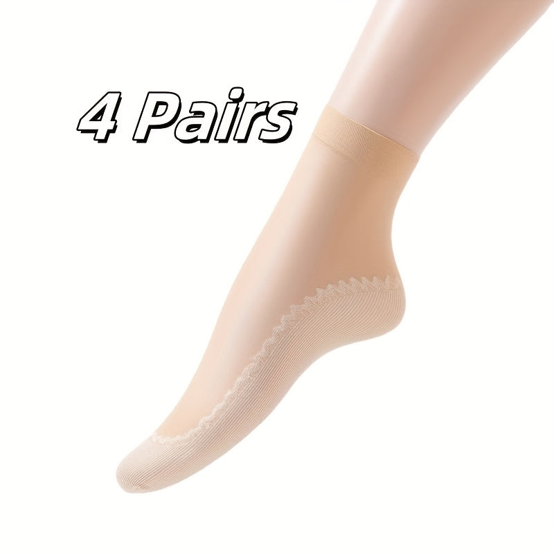 4 pairs of women's sheer ankle socks with non-slip transparent toe protector, breathable nylon knit fabric. Made of 85% Polyamide and 15% Elastane. Solid color, hand wash recommended. 100