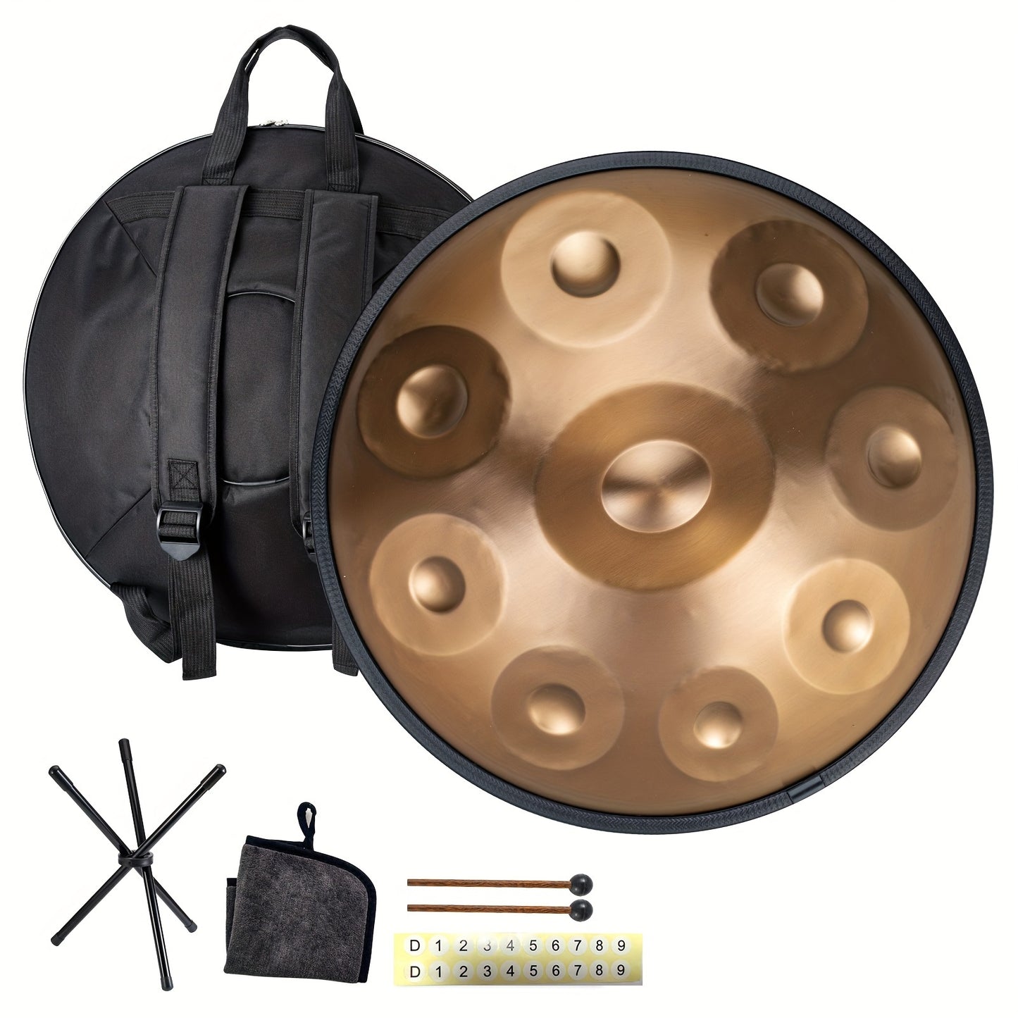 HANPLATE Handpan Drum in D Minor, includes carrying bag, mallets, holder, and wiping cloth for professional use or spiritual activities like healing, yoga, and meditation.