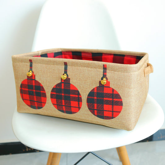 Buffalo Plaid Collapsible Christmas Deer Storage Basket with Jingle Bells, Ideal for Organizing Holiday Gifts, Ornaments, and Toys in Closet, Home, or Kids' Room. Features Handles and Drawstring for Easy Transportation and Storage.