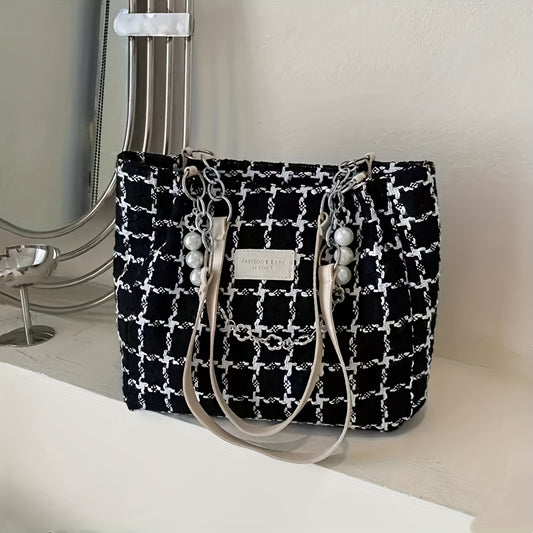 Plaid bucket bag with faux pearl chain, elegant shoulder bag for women.