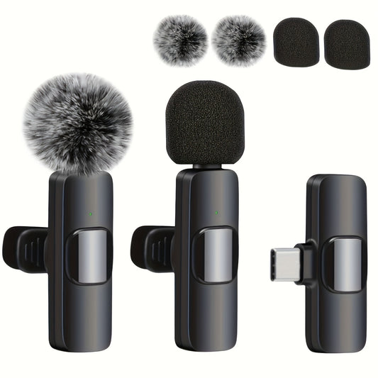 Wireless clip-on microphone for iPhone, iPad, and Android devices. Suitable for audio and video recording, live streaming, and interviews.