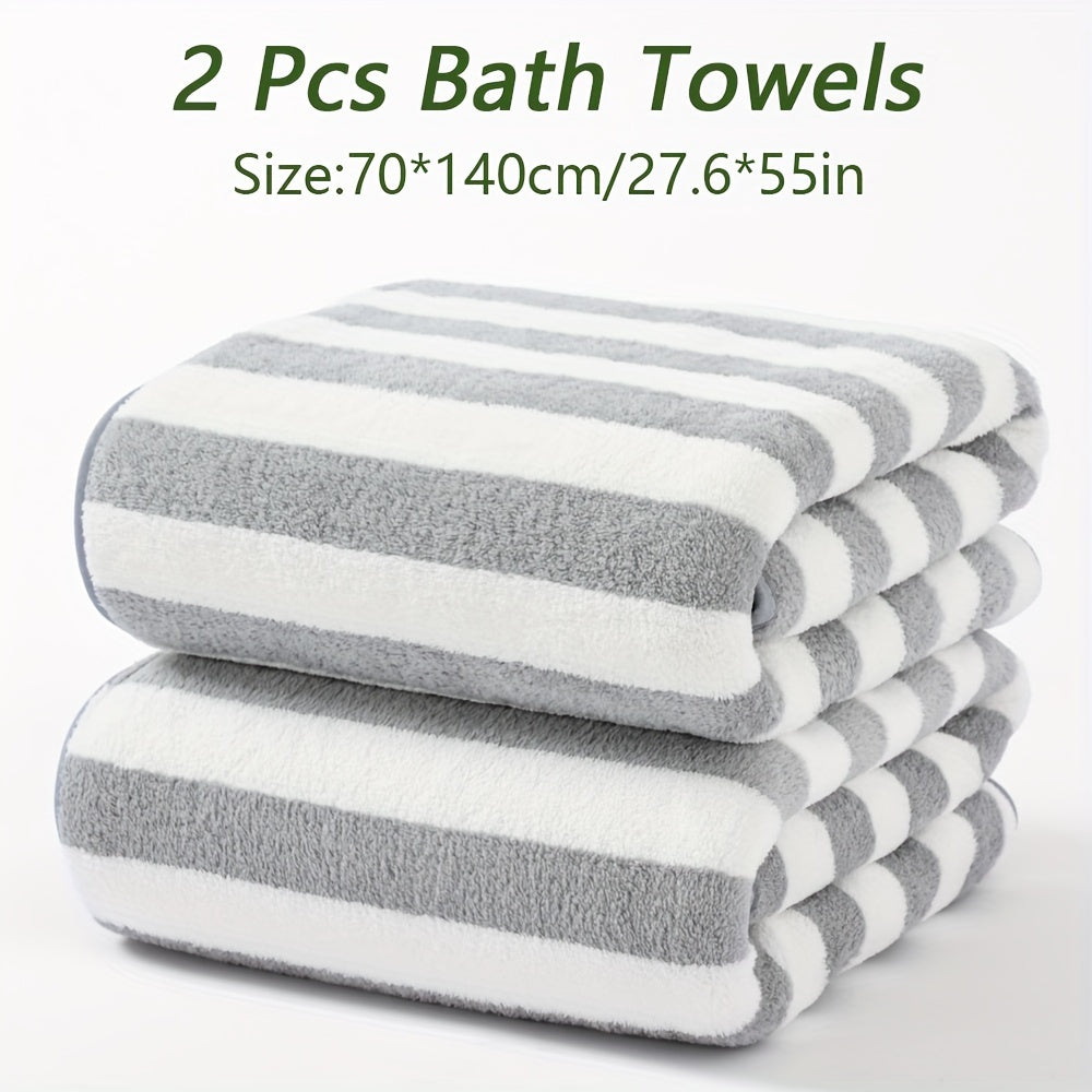 2 high-quality microfiber bath towels with stripe pattern. Absorbent, quick-drying, and soft towels available in multiple colors for use in the bathroom, gym, or shower.