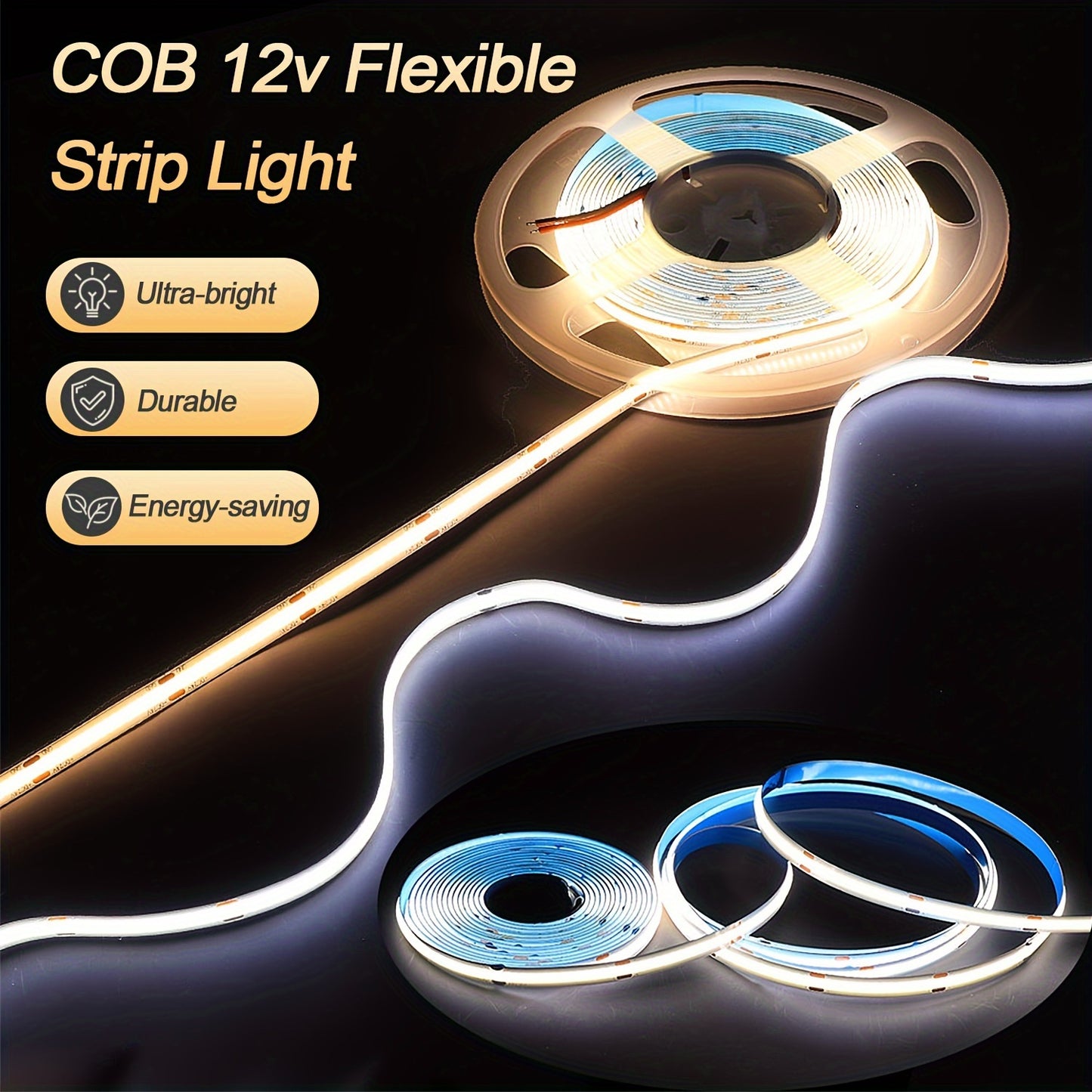 5m/16.4ft Flexible COB Strip Lights, 12V Night Lighting for Bedroom, Natural/Warm/Cool White, Easy Installation, Suitable for Bedroom, Stairs, Kitchens & More