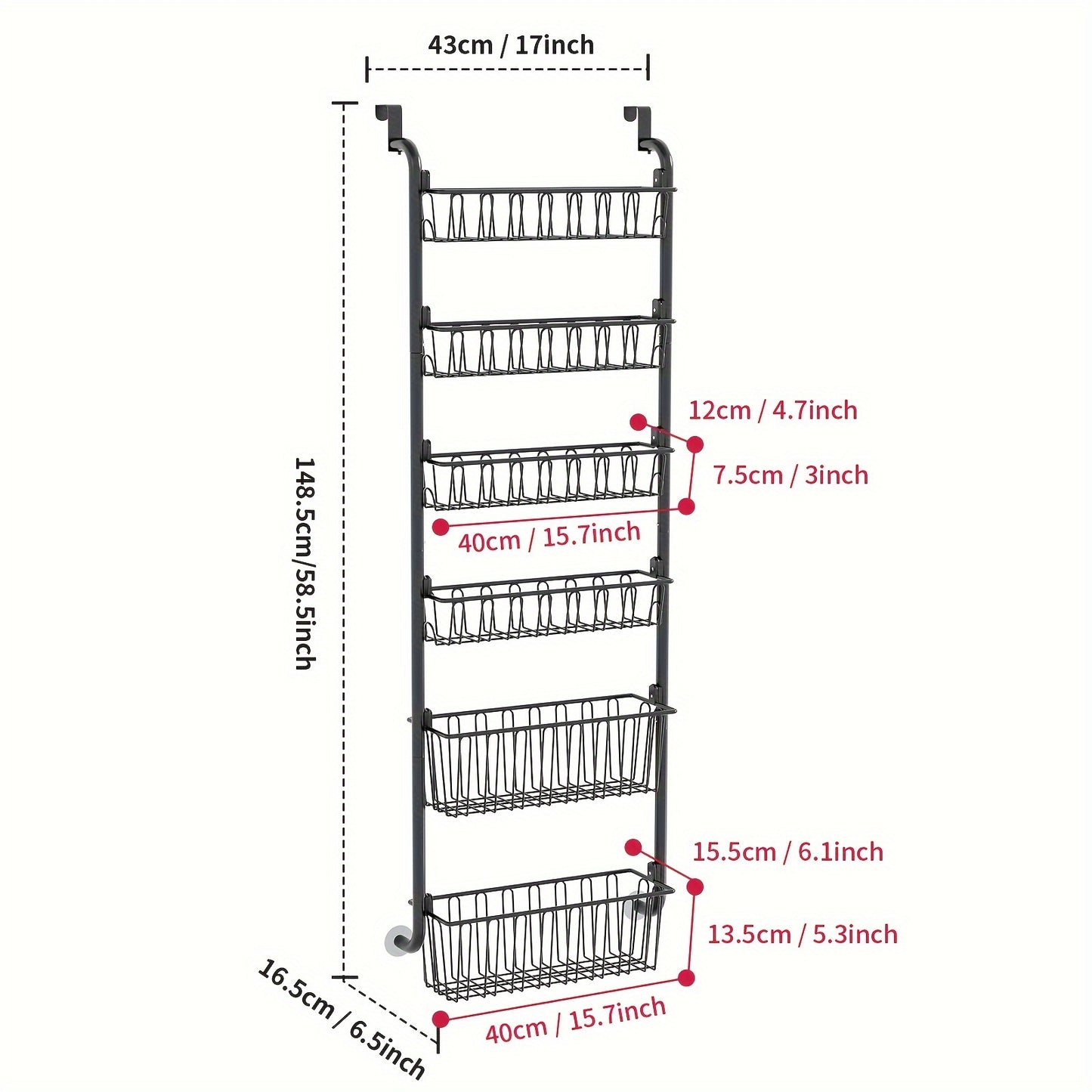 1pc Classic Black Metal Over-the-Door Pantry Organizer with 6-Tier Heavy-Duty Storage Rack for Easy Kitchen Essentials Organization.