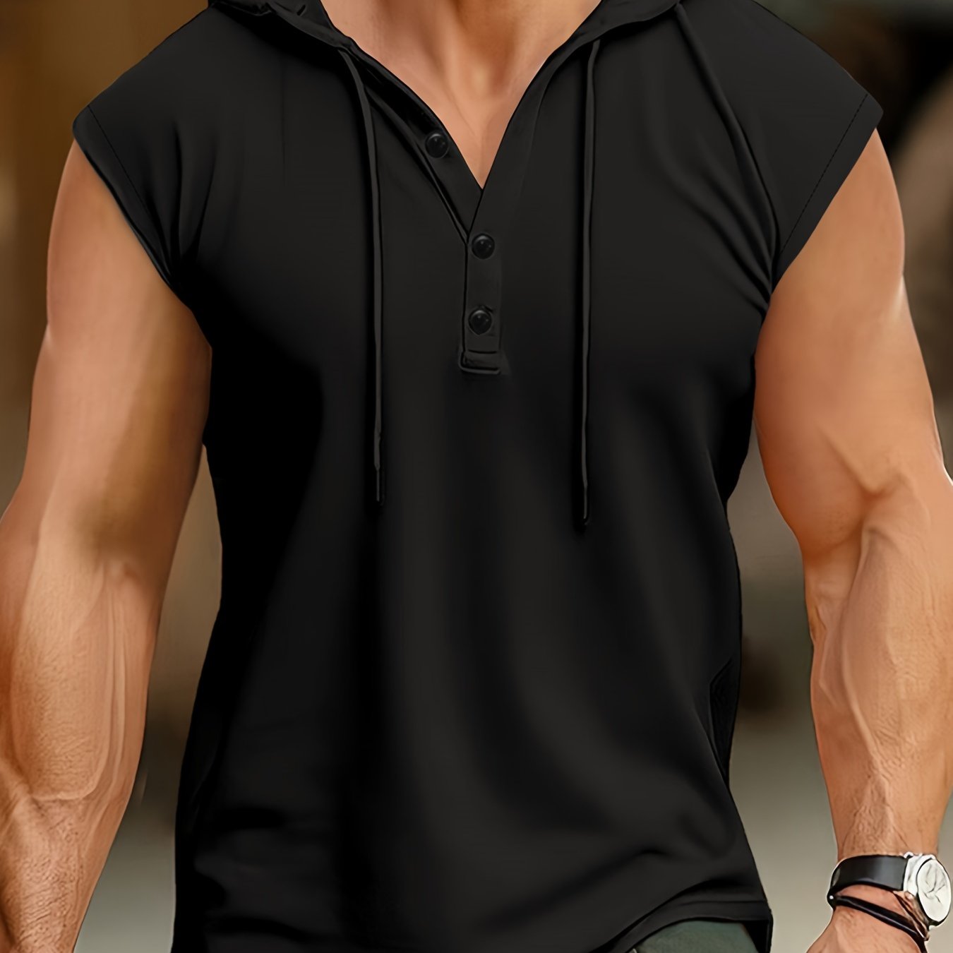 Lightweight, breathable polyester sleeveless hooded Henley shirt for men, perfect for summer casual or sporty wear. Features button detailing and is machine washable.