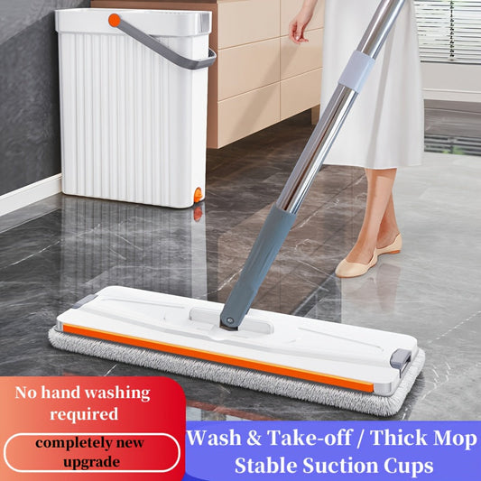 This Flat Mop and Bucket Set is versatile and comes with 6 reusable pads, making it perfect for hands-free, wet/dry cleaning on all floor types and windows. Ideal for use in the kitchen, bathroom, and living room to keep your space clean and fresh.