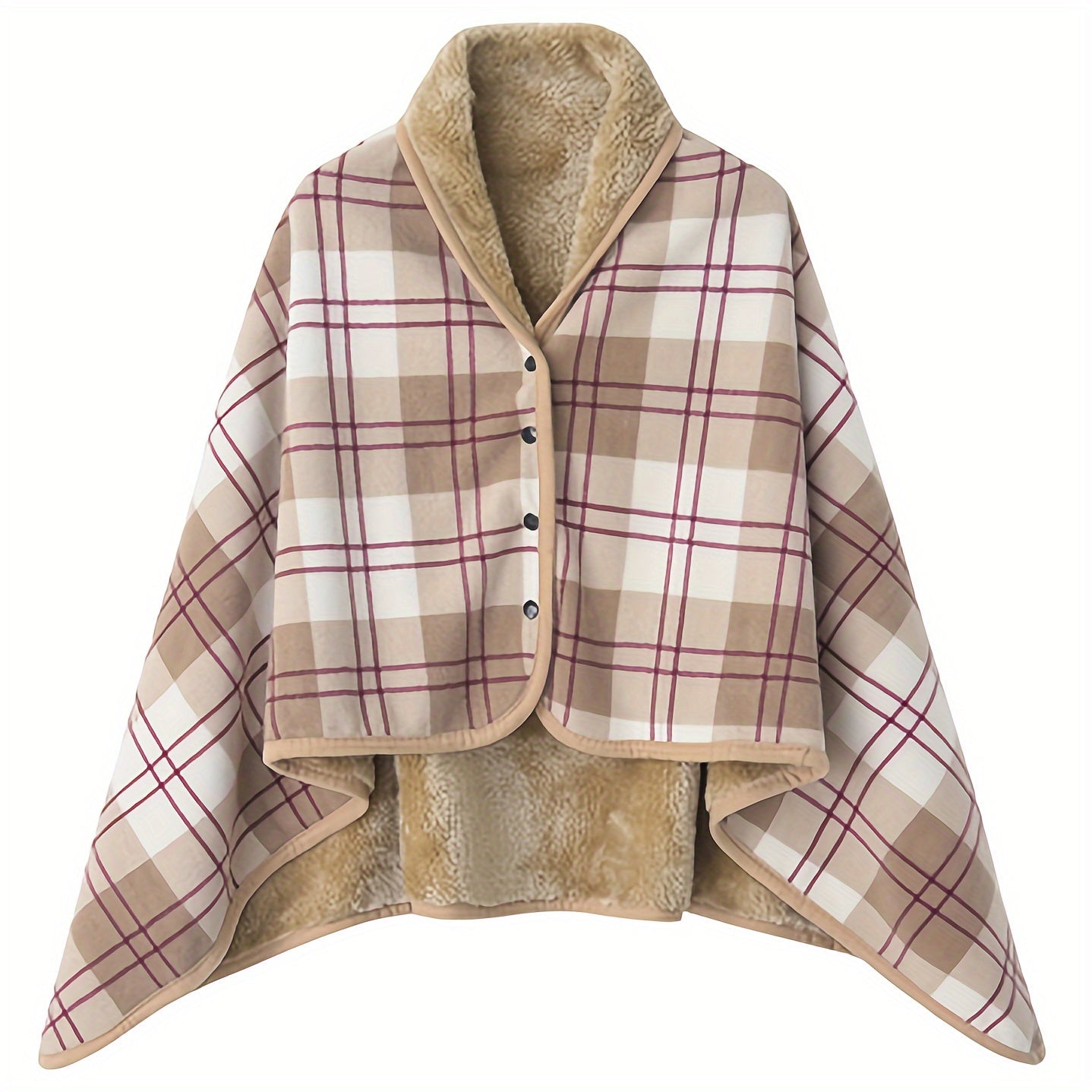 One piece versatile shawl blanket featuring a double layer of thick, plaid patterned polar fleece ideal for autumn and winter. Perfect for office use, this wearable blanket with legs is great for lounging on the couch or sofa.