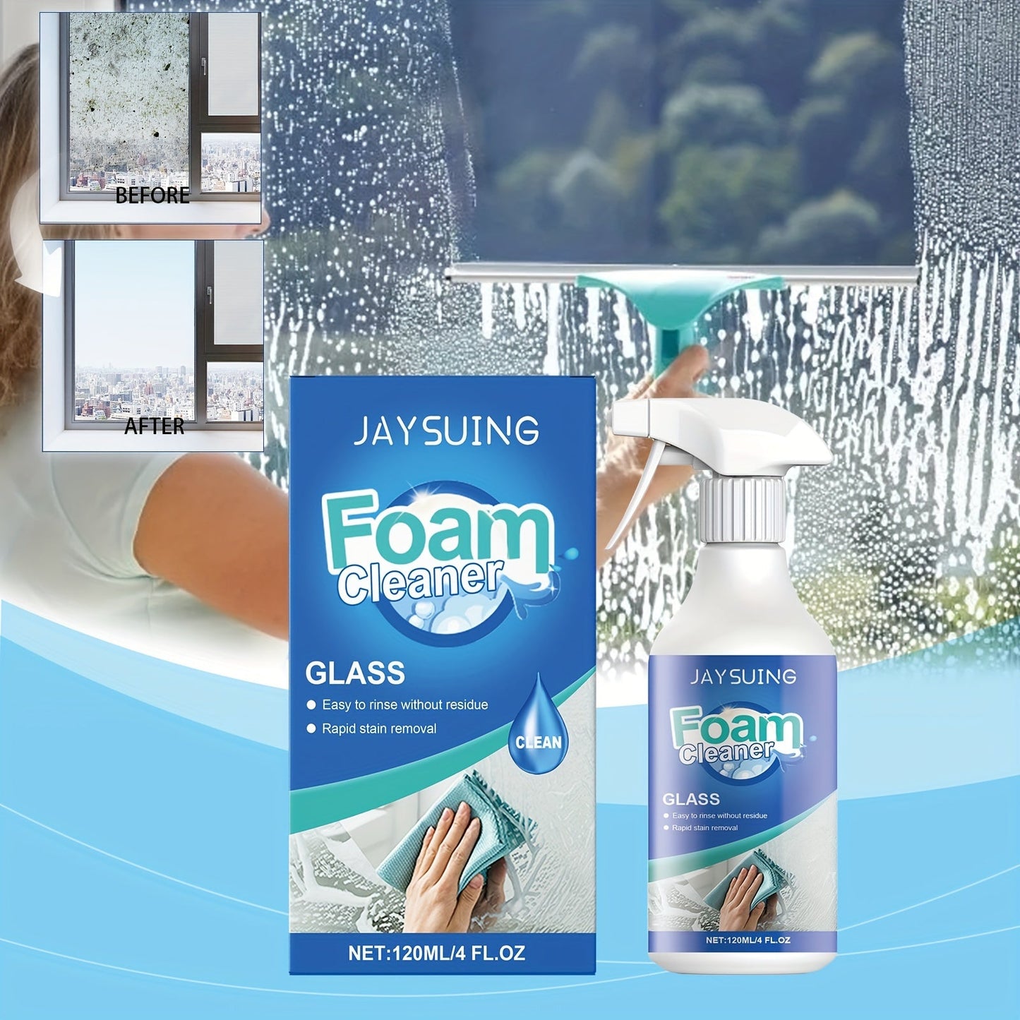 Glass Foam Cleaner that leaves no streaks, effectively removes oil and stains. Perfect for cleaning windows and doors with its palm acid formula.