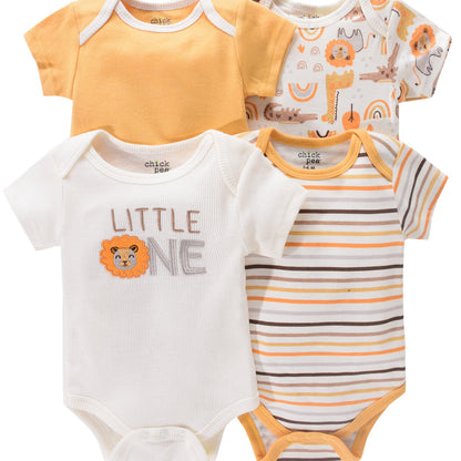 4-piece set of newborn short sleeve one-piece suits with alphabet print and embroidery. Suitable for babies aged 0-9 months.