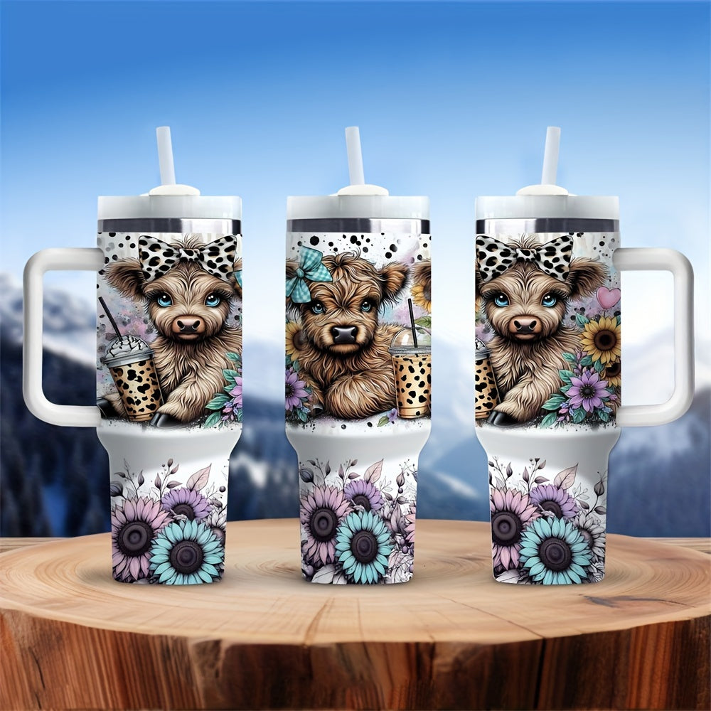 Stainless steel tumbler with handle and straw, featuring Highland Cow and Sunflower design, ideal for coffee, milk, and beer. Great Christmas gift for loved ones. Festive and durable beverage container.