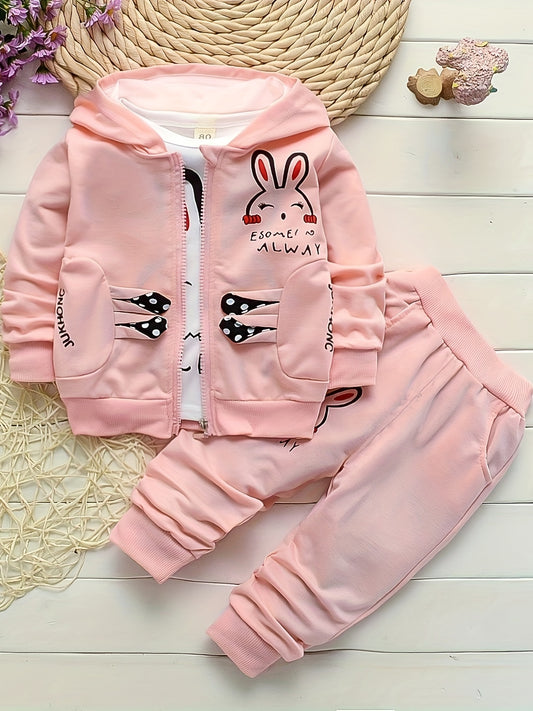 BabiColor Girls' 3pcs Bunny Zip Cardigan & Casual Outfit Set - Cotton Blend, Great for Spring/Fall, Ideal for Outdoor Use