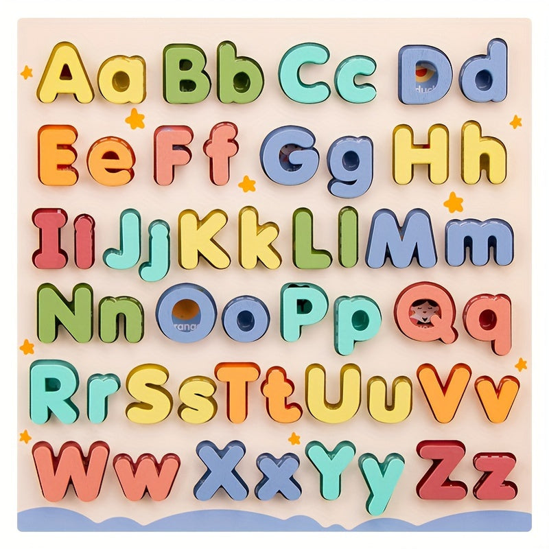 Wooden Alphabet Puzzle Board for Kids - 52pcs, includes Uppercase & Lowercase Letters - Educational Toy for Cognitive Development - Ages 3+